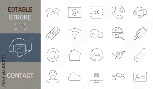 Contact icons set. Contact, Phone, Mail, Call, Address, Web, Message, Chat. Editable line icons. Vector illustration.
