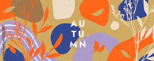 Trendy art style abstract autumn poster or cover with bright beautiful leaves, plants, nature shapes pattern. Fall background template for advertising, web, social media, Sale banner, or flyer design.