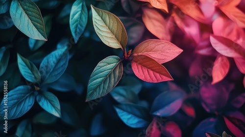 A vibrant, colorful, and detailed image of a plant with leaves in shades of green, pink, and blue, set against a dark background with a blurred effect, creating a striking contrast.