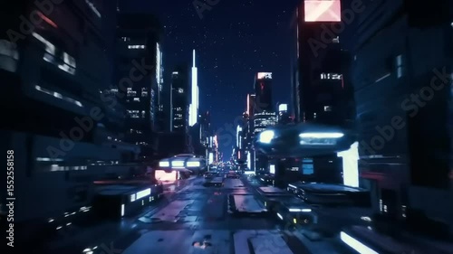 Futuristic cityscape at night with glowing skyscrapers and hovering vehicles, showcasing urban life