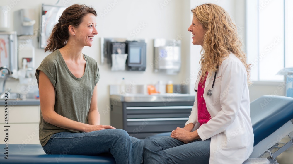 Obraz premium Woman patient sitting on medical examination table speaking with smiling female doctor, clinical setting, supportive and respectful tone