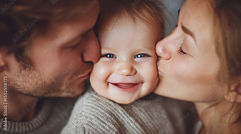 Young couple kissing their baby on both cheeks, close-up on baby's joyful expression, strong emotional bond Young couple kissing their baby on both cheeks, close-up on baby's joyful expression, strong emotional bond