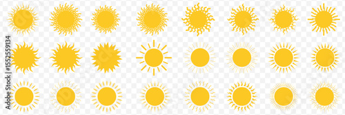 Yellow sun icons set, sunshine and solar glow, sunrise or sunset. Decorative circle full and half suns and sunlight collection. Hot solar energy for tan on Transparent Background. EPS 10.