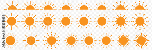 Sun icons set. Sun weather symbol collection. Sunshine, sunlight, sunburst icon set. Vector icons in Orange Color on Transparent Background. EPS 10.