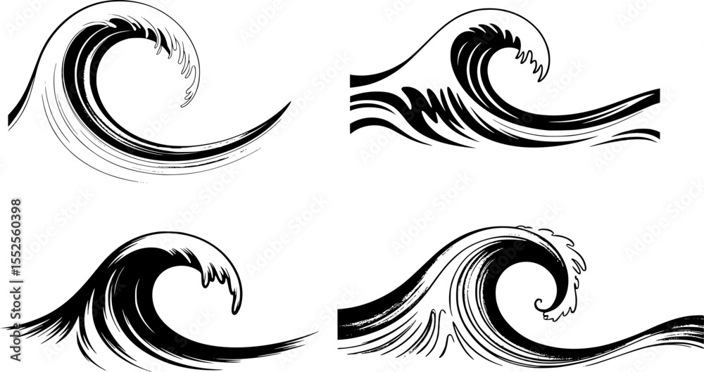 Fototapeta premium Ocean and Sea Wave Line Vector Set – Hand Drawn Black Organic Curves and Minimal Abstract Wave Shapes – Decorative Coastal Elements for Modern Design, T-Shirts, Tattoos, and Isolated Art