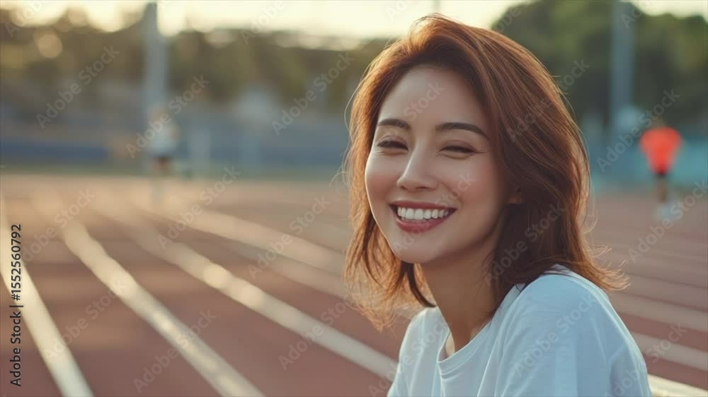 Woman seated on a wooden bench beside a running track Woman seated on a wooden bench beside a running track
