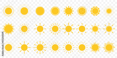 Yellow sun icons set, sunshine and solar glow, sunrise or sunset. Decorative circle full and half suns and sunlight collection. Hot solar energy for tan on Transparent Background. EPS 10.