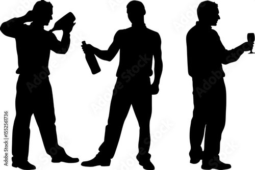 “Stylized black-and-white silhouette of three bartenders in motion. Left holds a liquor bottle, center juggles a shaker and bottle, right presents a cocktail glass. No background or props, just stark 