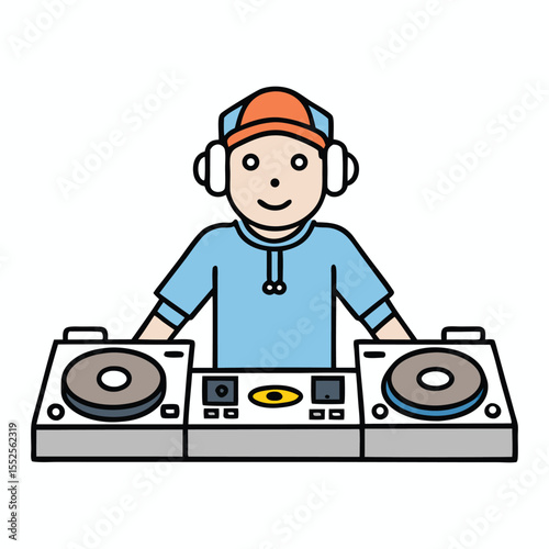 DJ spinning beats with two turntables and a mixer, headphones on, mixing tracks live with energy, rhythm, and seamless transitions for a crowd-pumping vibe.
