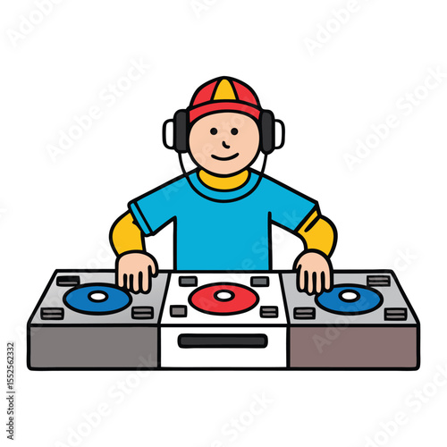 DJ spinning beats with two turntables and a mixer, headphones on, mixing tracks live with energy, rhythm, and seamless transitions for a crowd-pumping vibe.
