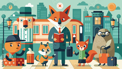 Charming stylized animal characters in a city setting create a whimsical travel scene for creative projects with playful design.