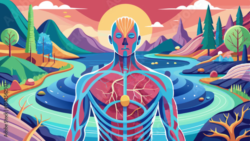 An artistic representation featuring human anatomy overlaid onto a colorful landscape with mountains, trees, and a river, showcasing body health.