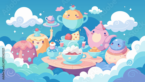 Whimsical tea party scene featuring pastel teacups, teapots, cakes, and cloud landscapes, ideal for cartoon themes.