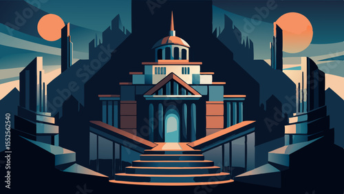 Majestic palace graphic with stylized buildings, steps, and distant moons under a serene sky makes an ideal element.