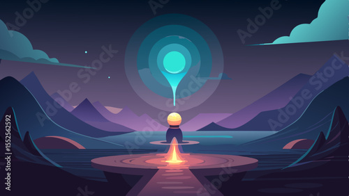 Scenic lakeside landscape at night with a mystical bonfire and radiant map marker icon emitting concentric circles of light.