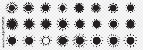 Sun icon set. Yellow and Black color sun icons. Sunrise and Sunset icon collection. Yellow, Orange and Black sun star icons. Vector illustration. Eps 10