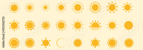 Sun icon set. Yellow and Black color sun icons. Sunrise and Sunset icon collection. Yellow, Orange and Black sun star icons. Vector illustration. Eps 10