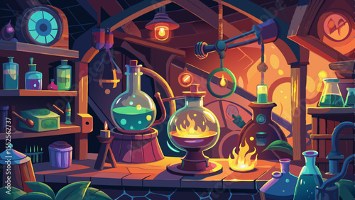 A fantasy alchemist workshop brimming with potions and intriguing equipment, designed with charm and rich color palettes for various creative projects.