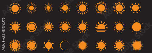 Set of Sun icons. Yellow Orange and Black and color variety design sun icons. Shine sun ray set. Collection of Yellow logo or weather icon. Vector illustration. EPS 10