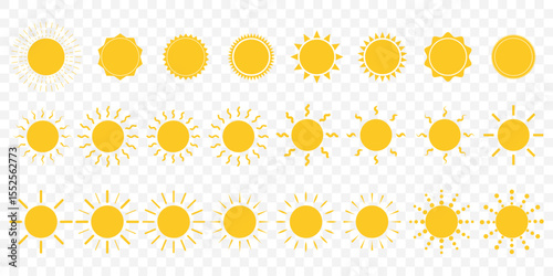 Yellow sun icons set of 24, sunshine and solar glow, sunrise or sunset. Decorative circle full and half suns and sunlight collection. Hot solar energy for tan on Transparent Background. EPS 10.