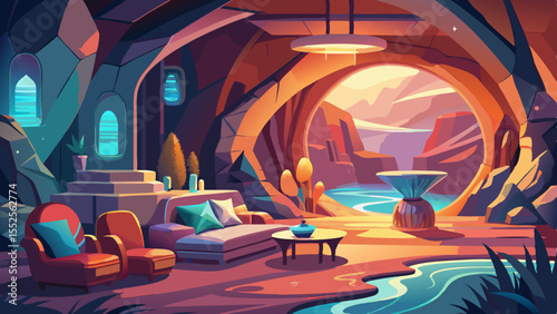 Experience tranquility with a serene cave dwelling, featuring a sofa, chairs, and a breathtaking landscape view, perfect for home decor.