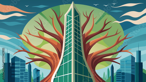 Modern city skyline design combines architecture with a tree motif for a green urban lifestyle concept, perfect for sustainable projects.