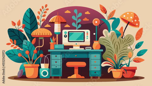 A stylish workspace with a computer, desk, and potted plants in a vibrant, flat design, perfect for use in web design projects.