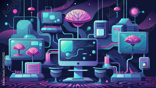 Futuristic computer network with glowing elements and brain icons conveys artificial intelligence and advanced technology themes.