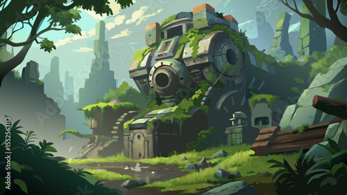 Depicts a futuristic machine overgrown with foliage, blending science fiction with natural scenery in a detailed scenic drawing.