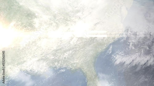 Earth zoom in from space and focus on Roswell, Georgia, USA. Background for travel intro or blog. Satellite view. 3D style Animation. Images from NASA.