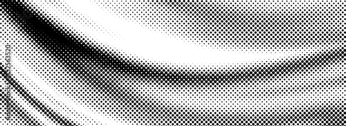 Black halftone dot wave pattern. Abstract grain fluid texture background. Dotted grit curve wallpaper. Rasterized undulate swoosh overlay for poster, leaflet, booklet, banner, brochure, flyer