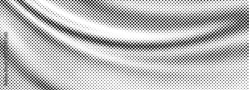 Black halftone dot wave pattern. Abstract grain fluid texture background. Dotted grit curve wallpaper. Rasterized undulate swoosh overlay for poster, leaflet, booklet, banner, brochure, flyer