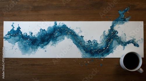 Teal Ink Abstract Art on White Paper with Coffee Cup
