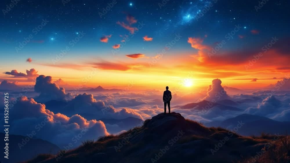 Man silhouette mountaintop sunrise cloudscape stars Man silhouette mountaintop sunrise cloudscape stars