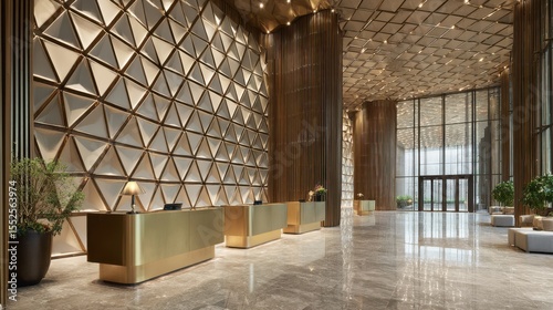 Hotel Lobby with Reception Desks, Triangle Wall, and Marble Flooring