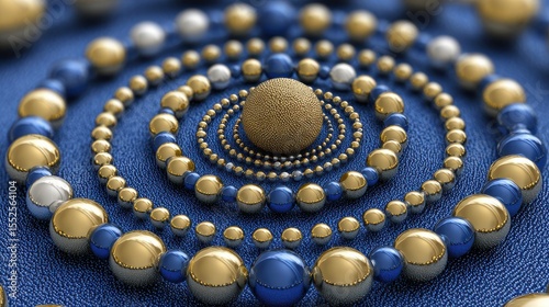 Concentric Rings of Metallic Spheres on Blue Textured Surface