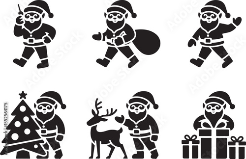 Santa Reading Book with Candy Cane | Festive Cartoon Silhouette Clipart

