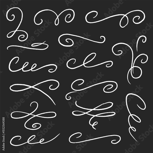 Chalk ornament flourish swirl calligraphy set. Hand drawn chalkboard divider, swirl curve, elegant banner and pencil frame menu. Flourish decoration, swoosh tail, vintage scroll. Vector illustration