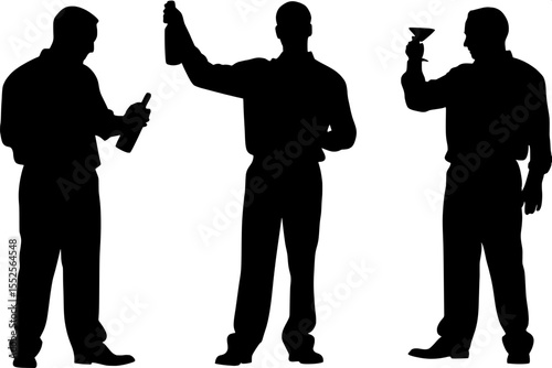 “Silhouette of three adult male bartenders standing side-by-side, each in a dynamic pose. The man on the left holds a bottle, the center man holds both a cocktail shaker and a bottle, and the right ma