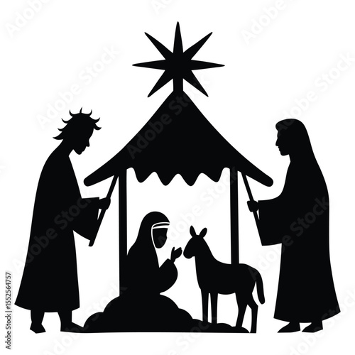 A peaceful nativity Christmas silhouette shows Mary, Joseph, and baby Jesus under a star-lit stable, surrounded by animals, shepherds, and wise men in quiet reverence.
