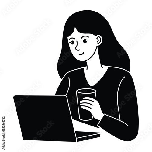 Minimal line drawing of a girl sitting with a laptop, sipping coffee. Simple, modern style capturing calm focus and cozy vibes—perfect for remote work or study scenes.
