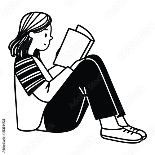 A teenager sits peacefully, engrossed in a book, drawn in elegant line art. Curved lines capture calm focus, youthful curiosity, and a quiet love for reading.
