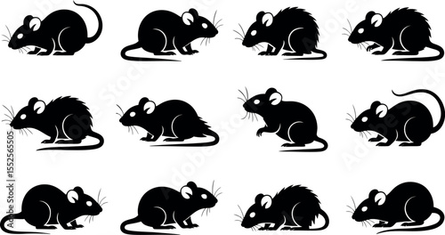 Collection of twelve black mouse and rat silhouettes in various poses silhouette