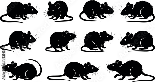 Collection of twelve black mouse silhouettes in various poses and orientations silhouette