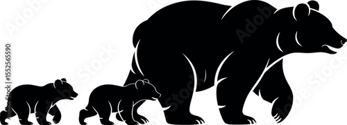 Mother bear and two cubs walking together in a simple black silhouette