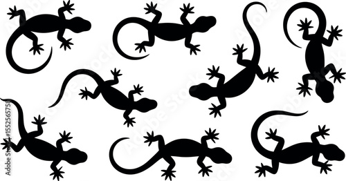 Collection of seven stylized black gecko silhouettes in various poses