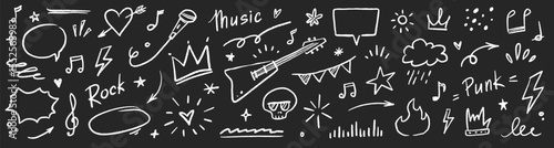 Music star doodle icon punk rock set. Hand drawn music sketch guitar, microphone, skull. Fun graffiti star shape doodle arrow, crown, speech bubble grunge decoration elements. Vector illustration