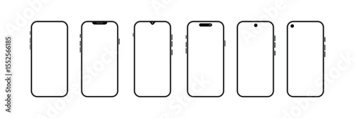 Smartphone set with transparent screen isolated on transparent background, detailed mobile phone, black models smartphone template front view, model mobile phone.