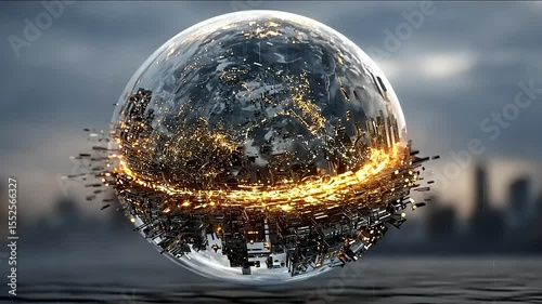 Futuristic cityscape within a glowing spherical structure at dusk