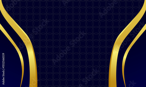 Symmetrical golden swooshes highlight center on deep luxury blue background with geometric texture